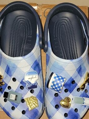 Bath & Body Works Blue and White Plaid Clog Sandals with Charm Accents